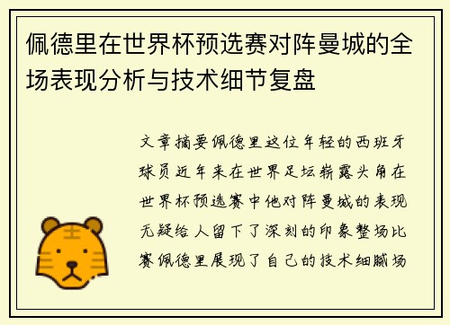 佩德里在世界杯预选赛对阵曼城的全场表现分析与技术细节复盘